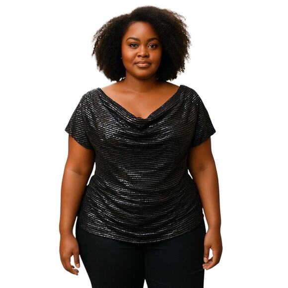 Avenue black & silver shiny sparkle flutter sleeve blouse with rouching 18/20 2X - Picture 1 of 8